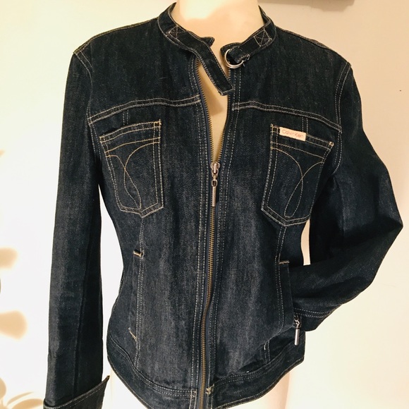 Dark Denim Calvin Klein Jean Jacket Buckle Collar - Picture 2 of 8